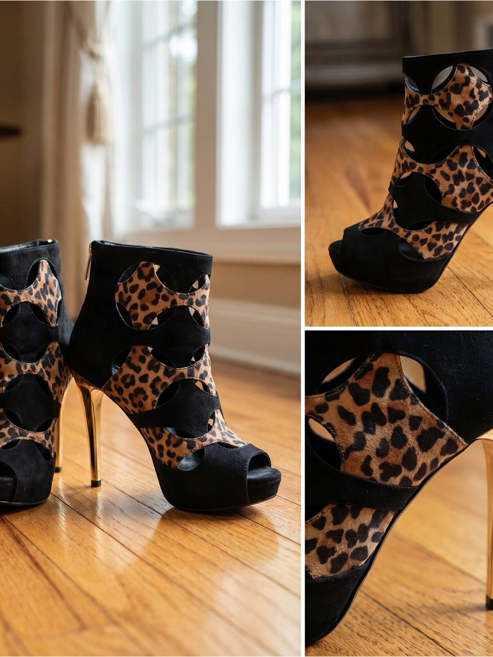 Thalia Sodi Black Suede Leopard Cutout Stiletto Booties with Gold Heel